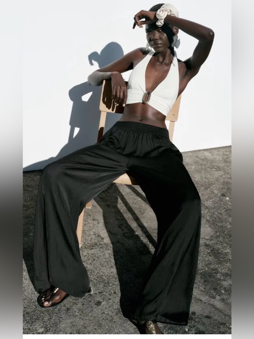 NWT ZARA SHINY WIDE LEG PANTS TROUSERS .Black . Pre owned like new sz S - Picture 2 of 14